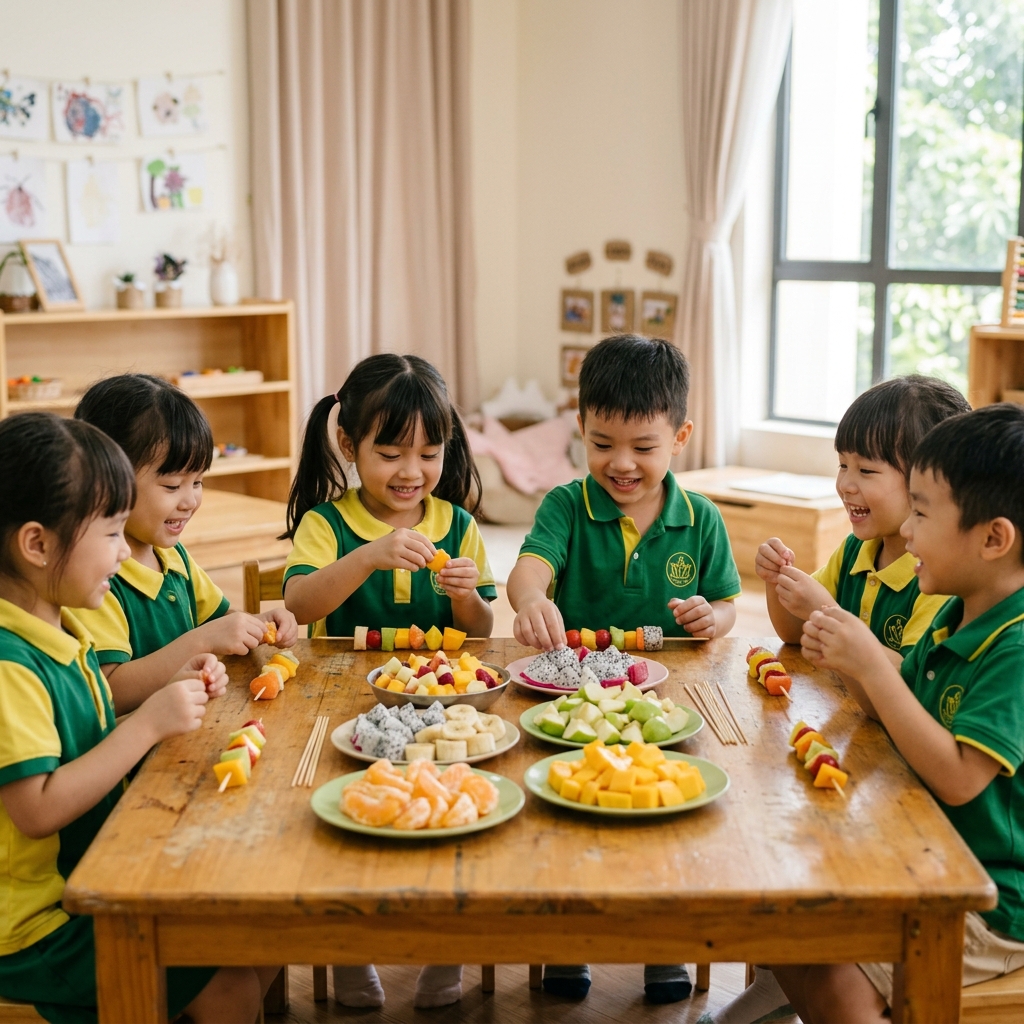 Bé làm xiên que trái cây đầy màu sắc